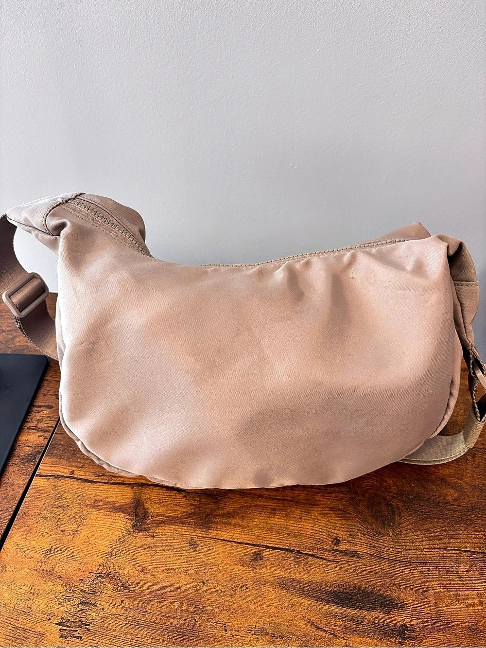 Fablou London Beige Nylon Crescent Crossbody Bag – Slouchy Shoulder Bag